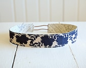 Handmade Fabric Reversible "Skinny" Headband - Navy and Gray Flower Shadows with Gray and Cream Paisley