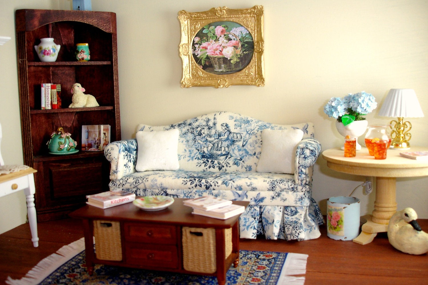 Blue Toile Chippendale Sofa for Your Dollhouse or Room Box