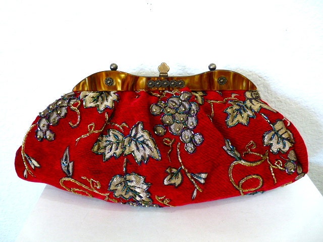 SALE Vintage 1950s Carpet Bag Tapestry Art Deco Antique Brocade Grapes Beadwork