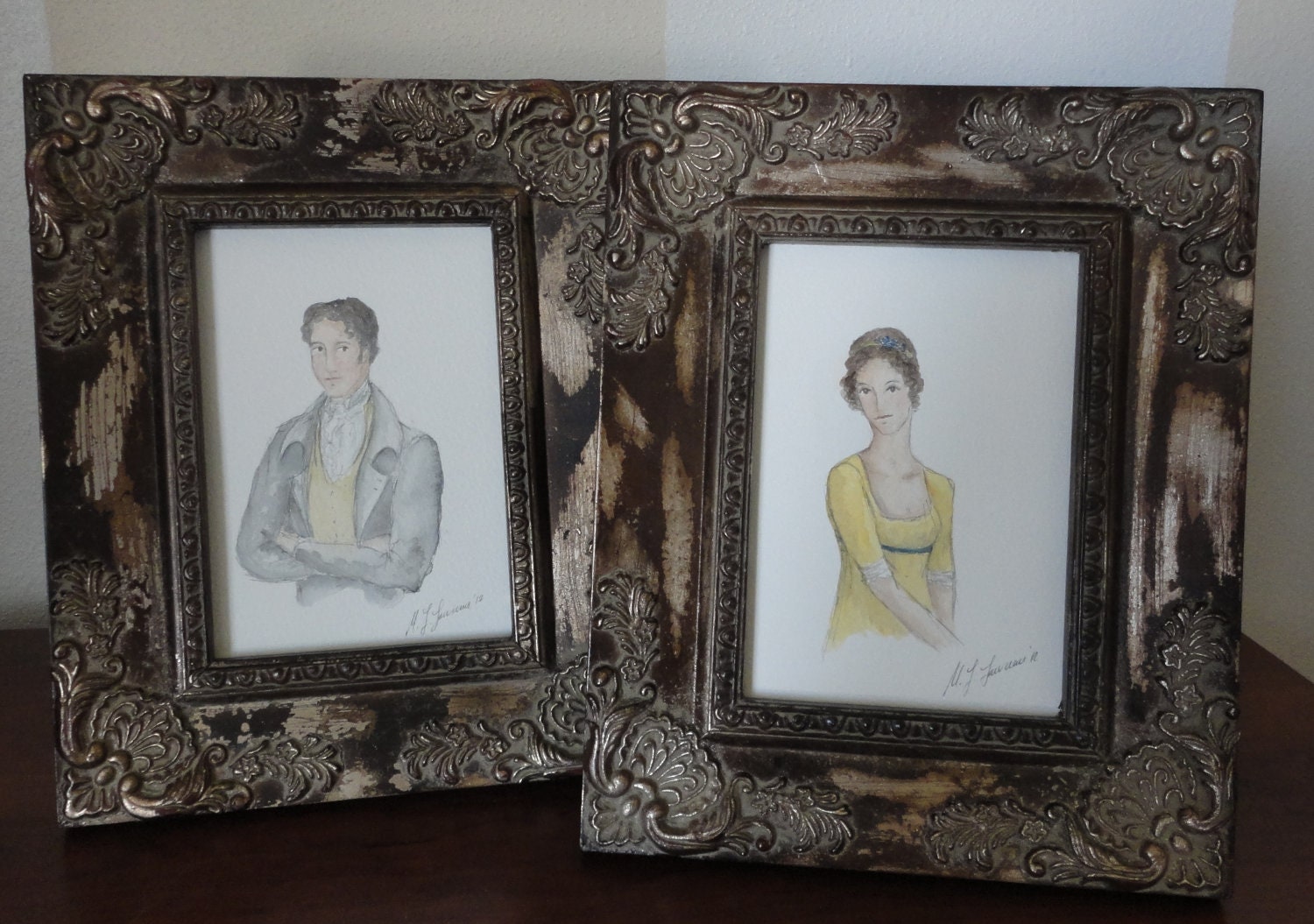 Mr.Darcy and Elizabeth Bennet original watercolors. 5x7. Jane Austen. Pride and Prejudice.