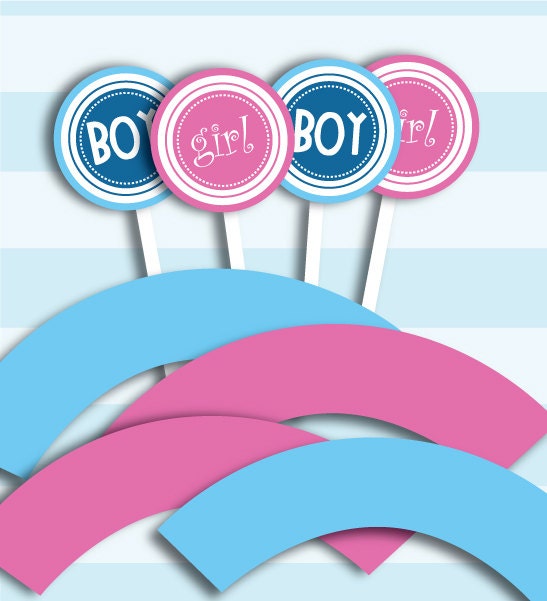 PRINTABLE PDF Gender Reveal Boy/Girl Party Baby Shower Cupcake Wrapper and Toppers DIY kit Il_170x135