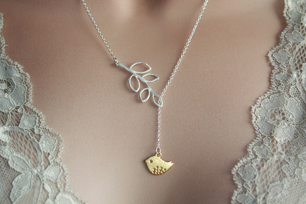 Gold Bird Silver Leaf Branch Lariat  Necklace
