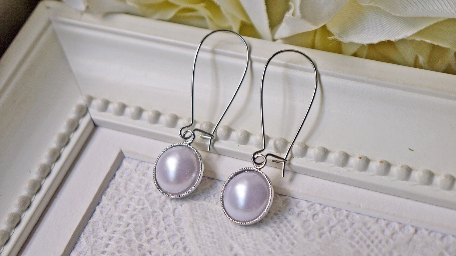 Simple White Faux Pearl Cabochon Earrings. Silver Dangle Earrings.Kidney Ear Wires
