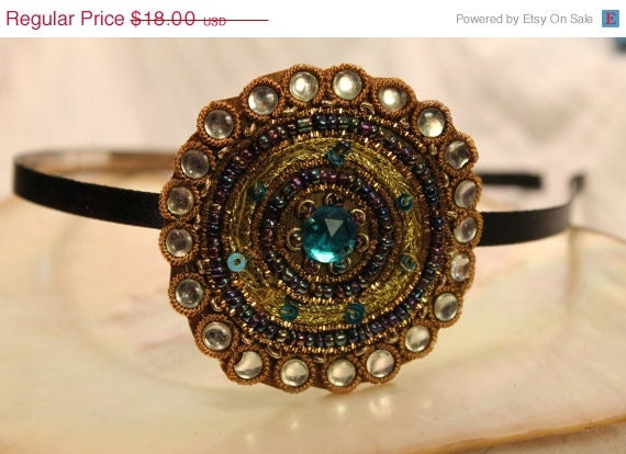 ON SALE Hair  accessories, headband,   turquoise, gold, chartreuse, purple and clear beads on large round Medallion set on black satin head