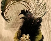ON SALE hair bridal accessories,Chartreuse green floral and black Feathered Fascinator with peacock sword and pearl brooch, black Russian n