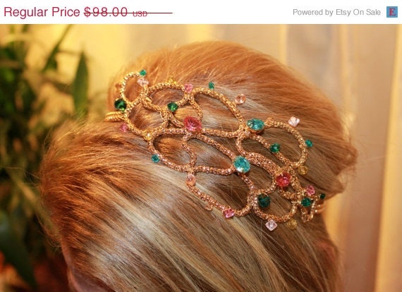 ON SALE Sale , gold swirl metal headband hand wrapped with swarovski crystals, and vintage beads, rose, emerald, teal & aqua crystals