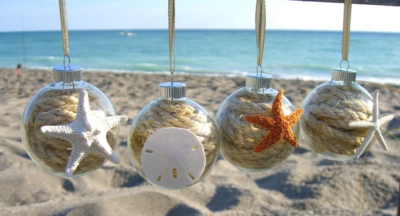 Christmas Ornaments-Set of 4 Sea Life Collection-Starfish Ornaments, Sand Dollar Ornament, Coastal Holidays, Gift Ideas, Beach Home Decor