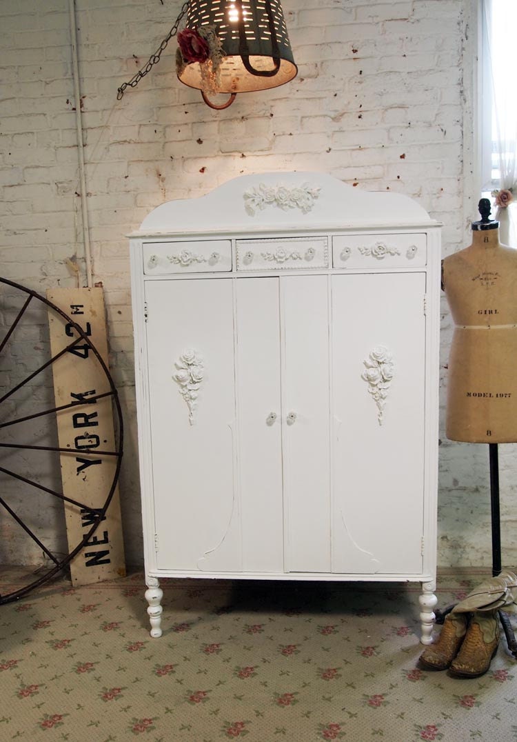 Painted Cottage Chic Shabby White Vintage Armoire AM257