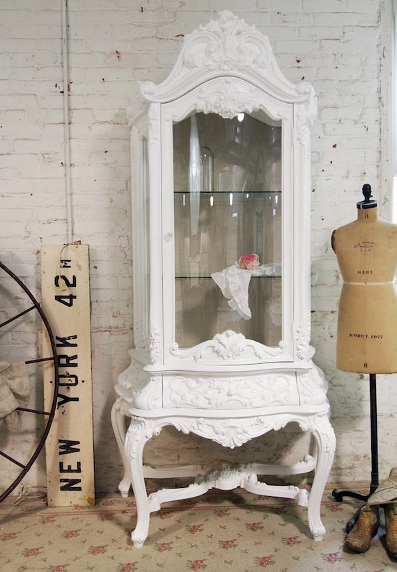 RESERVED for ALEXANDRA Painted Cottage Chic Shabby White French China Cabinet CC365