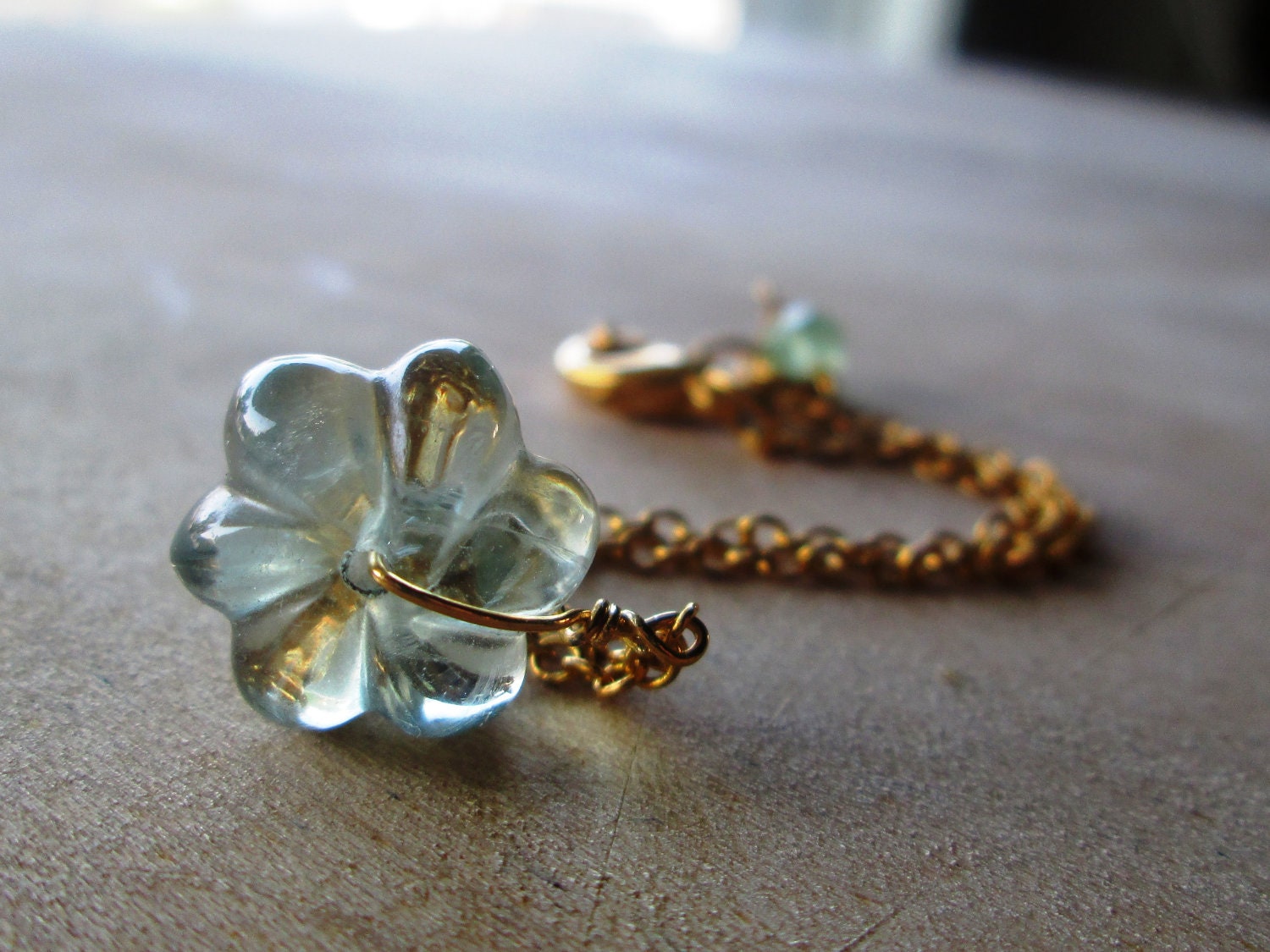 Light sea Green Flourite Flower Gold Bracelet, Carved Gemstone