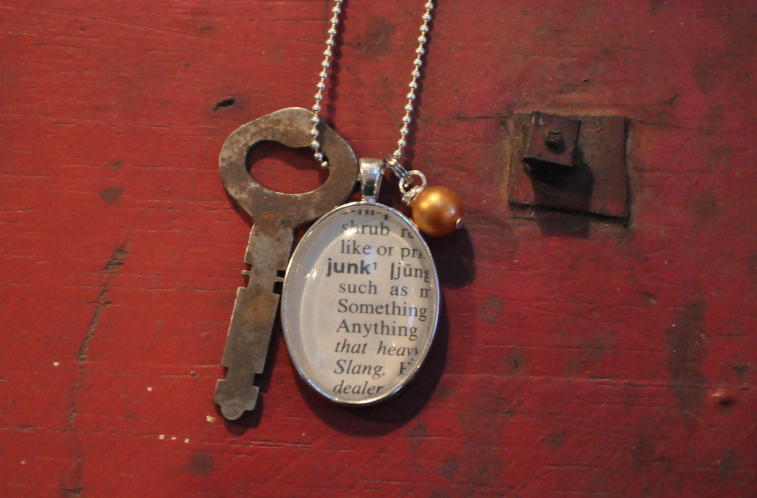 Vintage Dictionary Word Necklace Pendant JUNK with old key