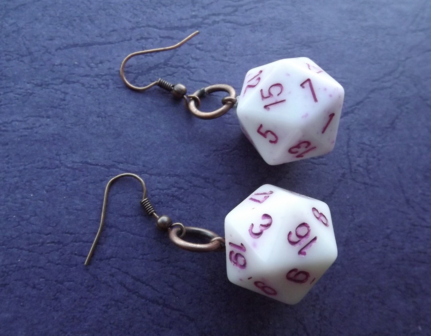 Earrings d20 20 Sided Dice Die milky white speckled pink color with copper loop style ear rings D&D Gamer Girl
