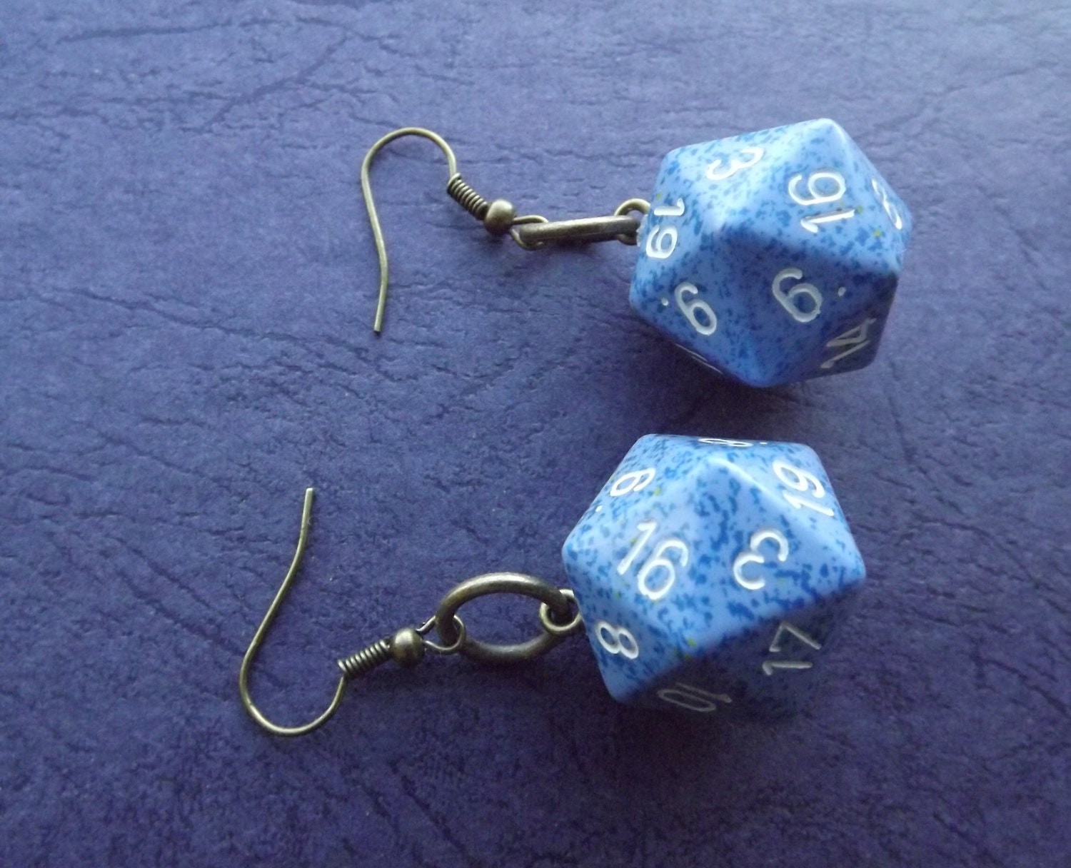 Earrings d20 20 Sided Dice Die light and dark blue speckled color with brass loop style ear rings D&D Gamer Girl
