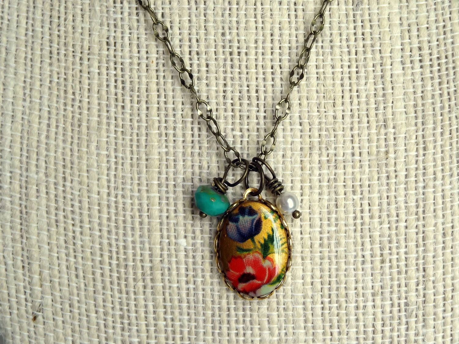 Victorian Flower Floral Charm Cameo Necklace Whimsical and Romantic Brass Oval Feminine Flower Cabochon Cameo Turquoise Blue Pink Pearl