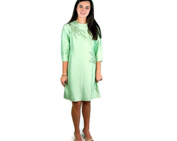 1960s silk dress, sea foam green, Mad Men dress, shift dress, pearls, rhinestones, lace applique, Sylvia Ann, Size M