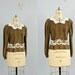 vintage brown sweater / lace collar / brown / embroidered nubby sweater