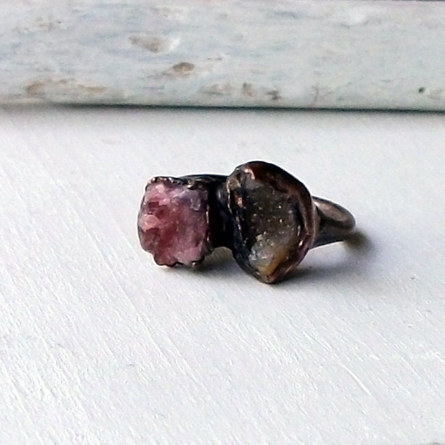 Copper Ring Druzy Geode Red Pink Tourmaline RoseThicket Artisan Handmade