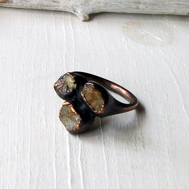 Copper Ring Sapphire Gem Stone Ochre Yellow Orange Autumn Raw Gem Organic Oxidized Handmade