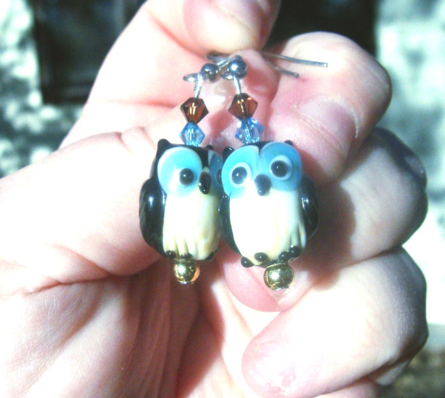 Lampwork Owl Beaded Earrings Pierced Hypo Allergenic Blue Brown
