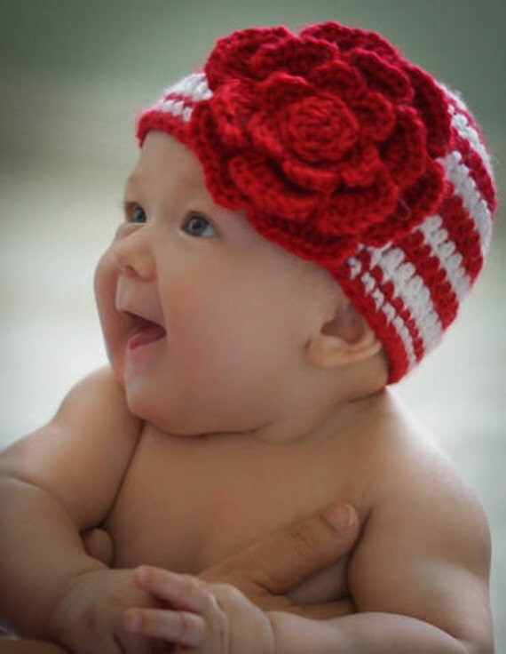 Crocheted Valentine stripes Hat with Red flower newborn to 3 Month Ready to ship