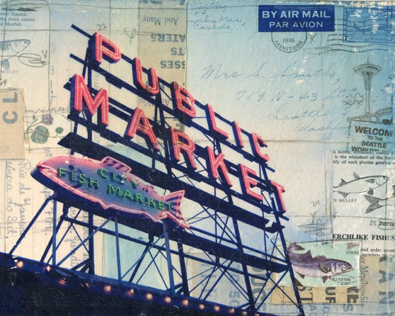 Pike Place No. 1 - framed 8" x 10" original Seattle Pike Place Market mixed media collage painting on paper