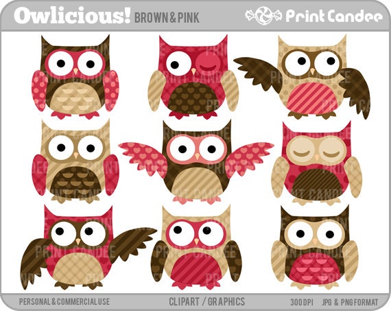 Owlicious (Brown & Pink) - BUY 2 GET 2 FREE  - Digital Clip Art - Personal and Commercial Use - birthday party cupcake topper decorations