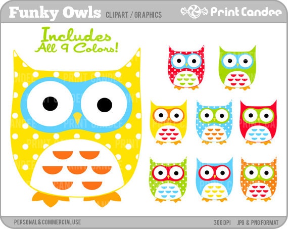Funky Owls - BUY 2 GET 2 FREE - Digital Clip Art - Personal and Commercial Use - whimsical owls mod retro cute colorful