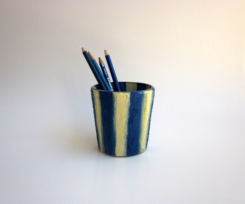 Pencil holder / Blue and Cream Pen cup /  Desk Art / Glass Stucco Concrete Cup
