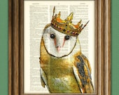 The Barn Owl King with Crown Art Print beautifully upcycled vintage dictionary page book art print