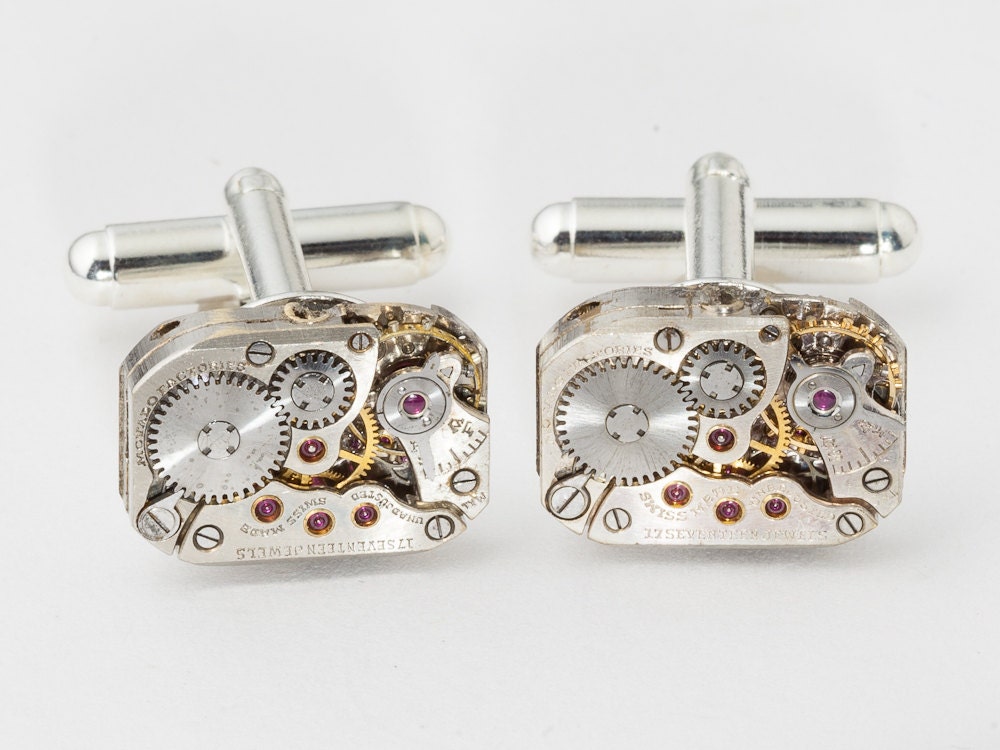 Steampunk cufflinks vintage rare Movado watch movements gears wedding grooms gift silver cuff links men jewelry by Steampunk Nation 1971