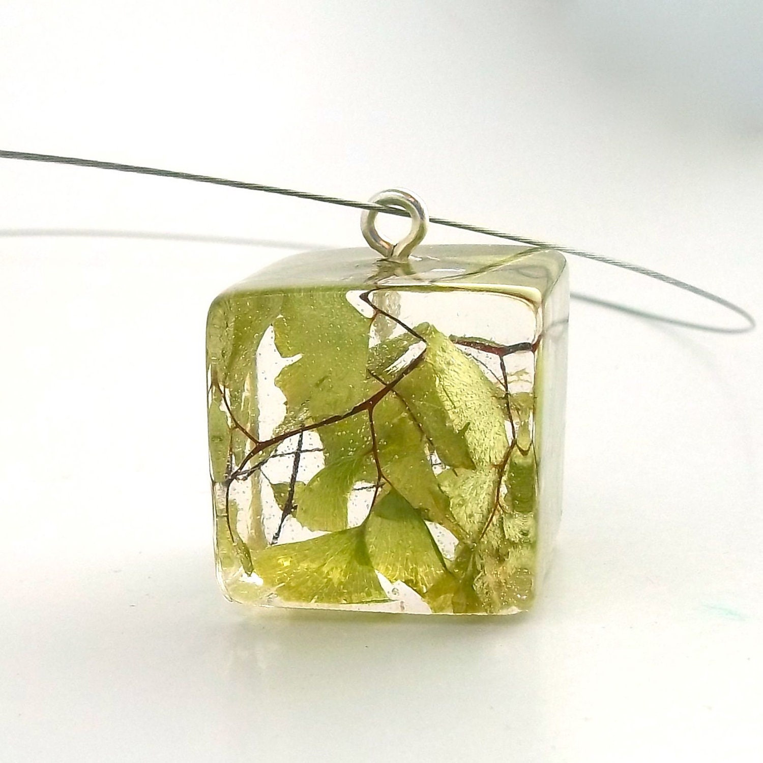 READY TO SHIP Fern Resin Pendant.  Pressed Flower Pendant Necklace.  Real Pressed Flowers - Green Maidenhair Fern
