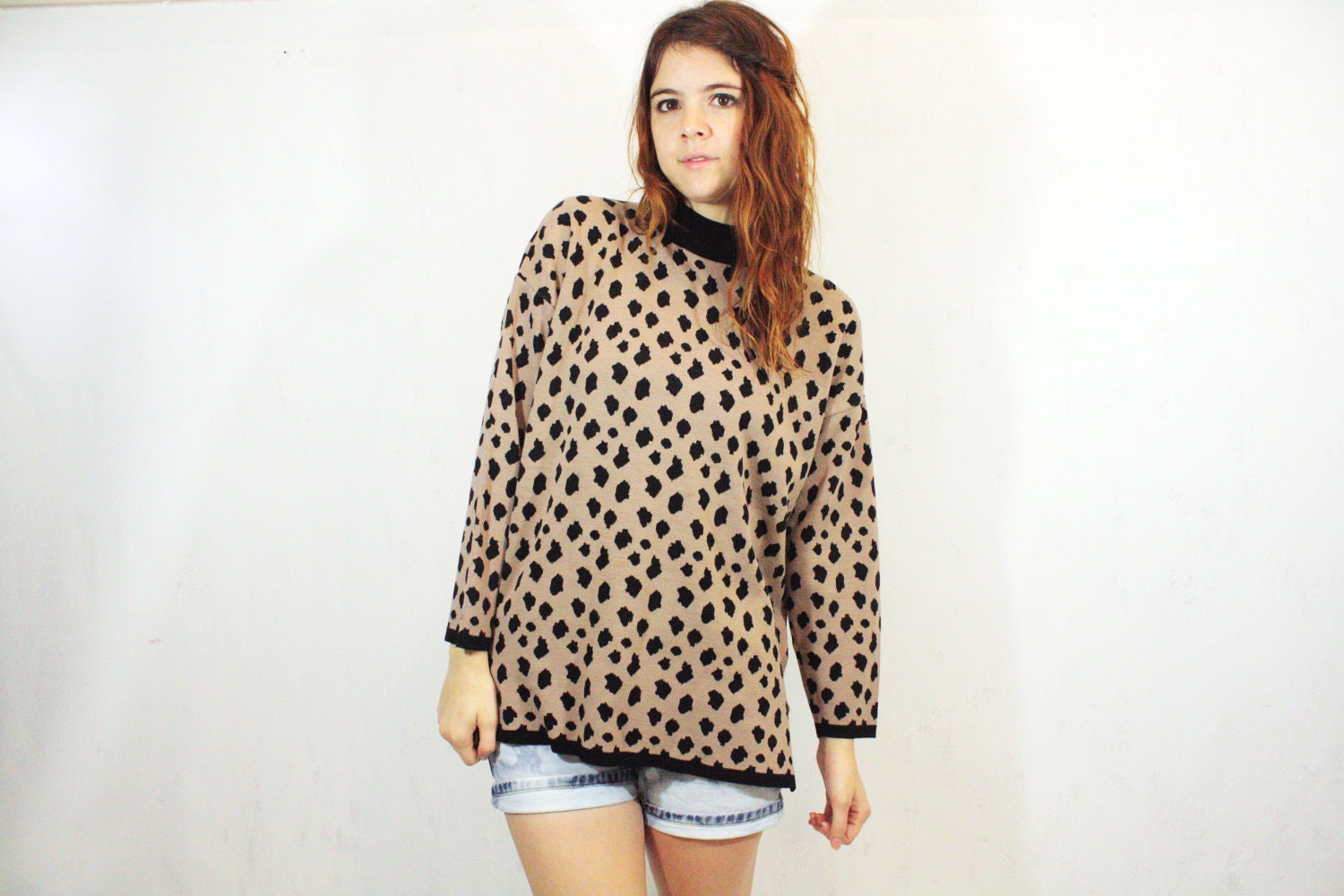 Beige and Black Cheetah Print Sweater M L