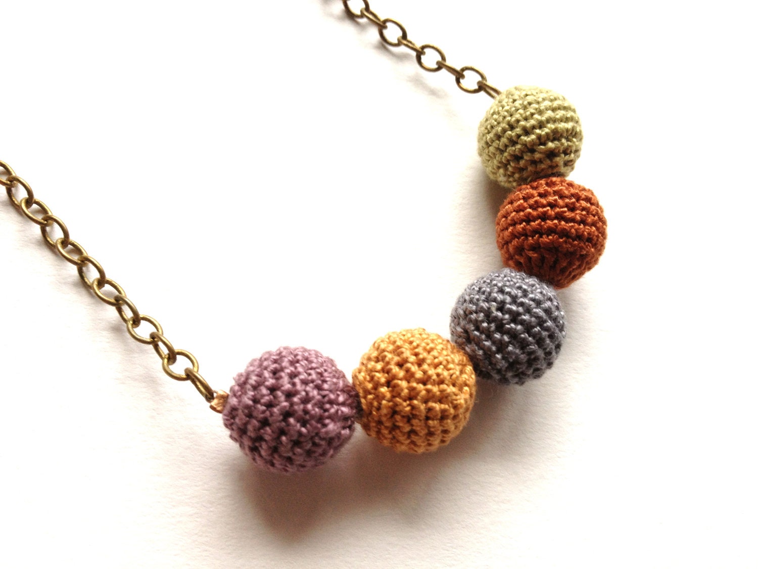 Crocheted Bead Necklace: Amethyst, Gold, Pewter, Rust, and Moss.