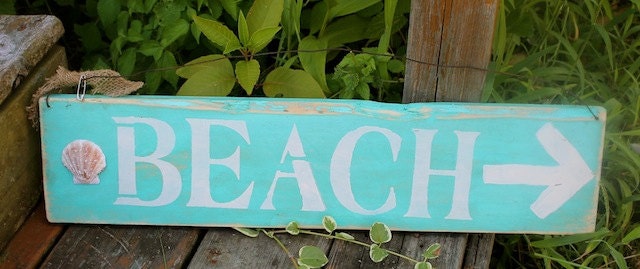 BEACH shabby cottage sign Turquoise with Linen White  and Shells
