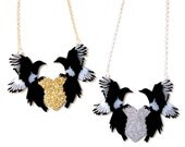 Black and White Magpies with Silver or Gold Glittery Heart - "One For Sorrow, Two For Joy" necklace - large statement jewellery