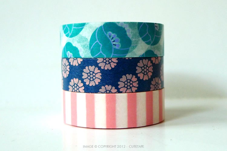 TULIP Washi Tape Teal, Blue, Pink Stripe - Japanese Set of 3 PrettyTape