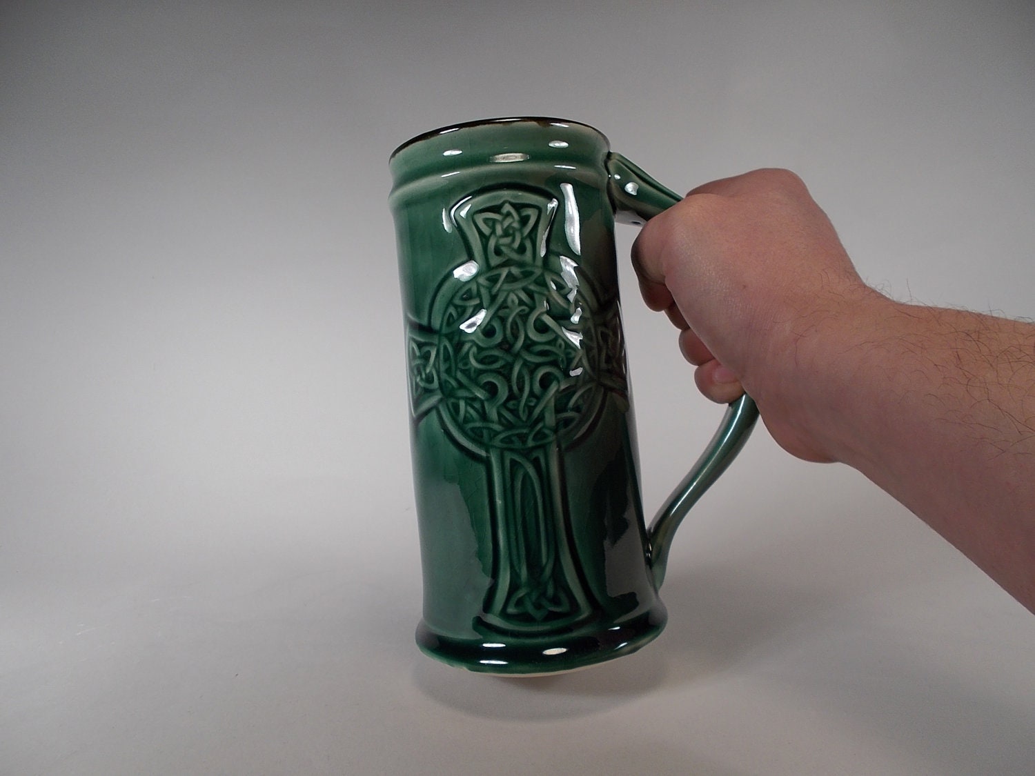 NEW: Celtic Cross Stein - Beer Mug -Tankard - Emerald Green Glaze - 24oz,  Stoneware Pottery