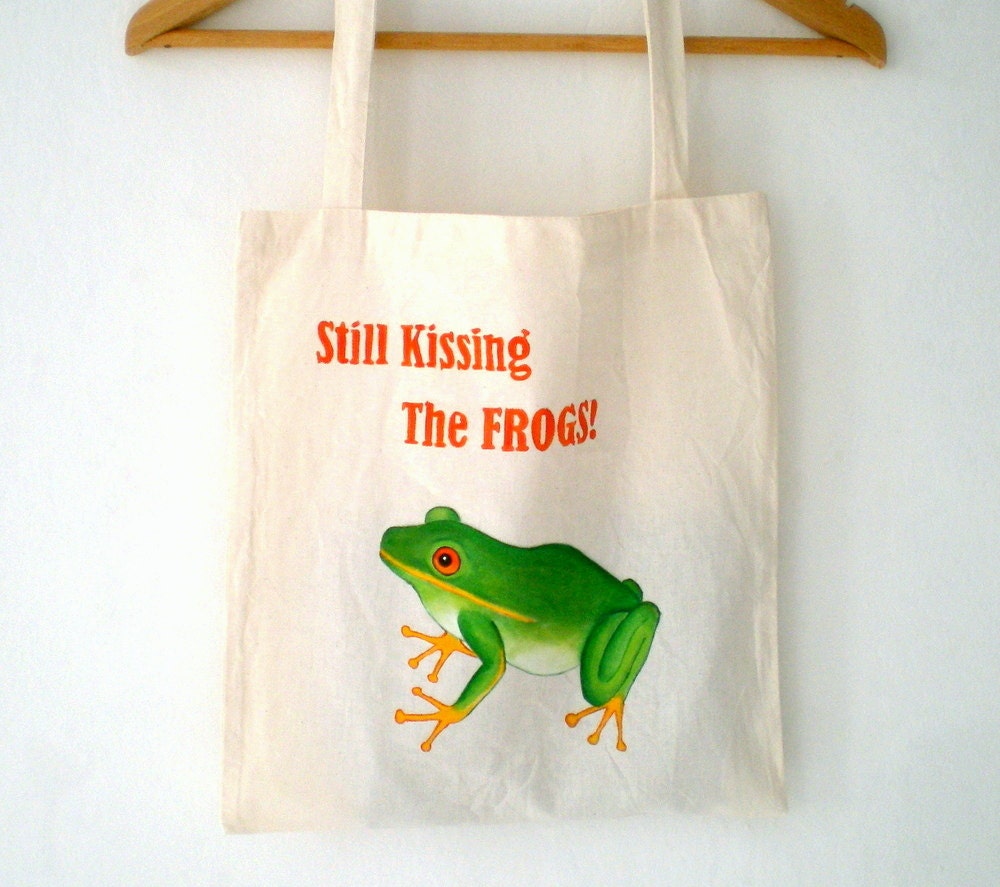 Cotton  Tote  Bag, Hand Paint Green Frog ,  Humor gift under 25