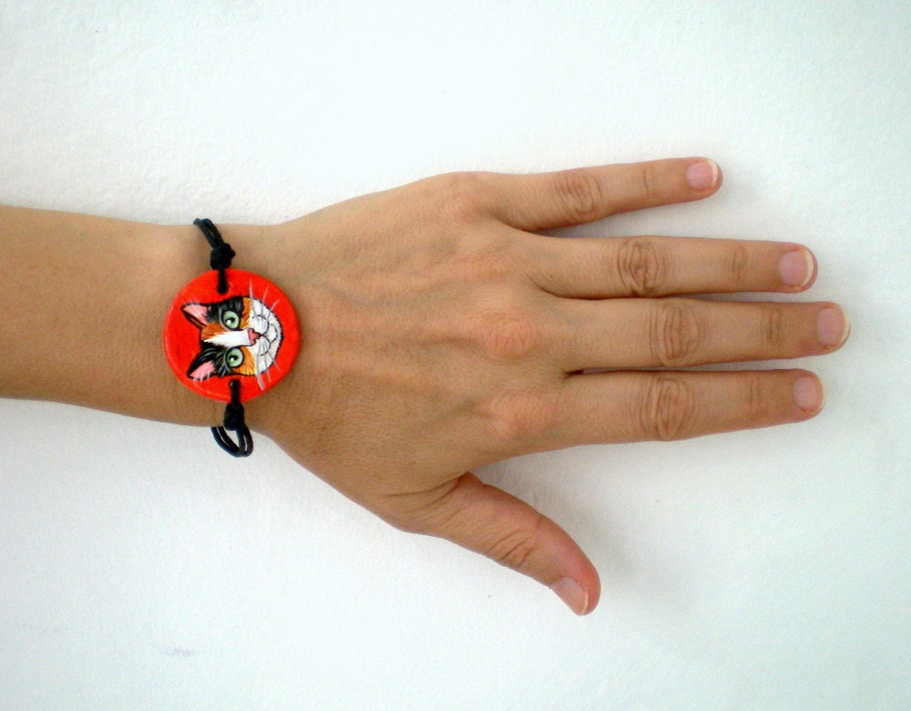 Cat Bracelet , hand paint calico cat red   clay wristband