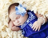Couture Blue and White Flower Headband with Feathers Pearls Veiling