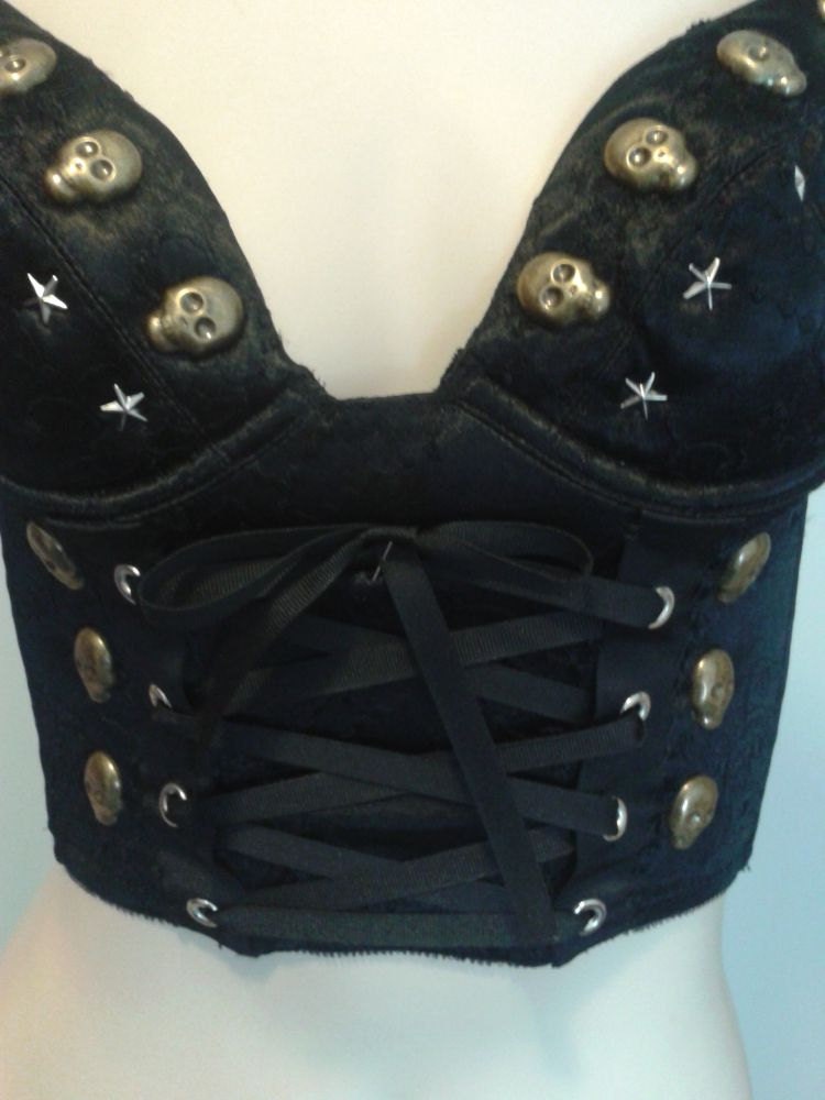 Skull Bra Gothic Punk Rave Bra Lolita Black Top Longline Bra Skulls Studs Lace Up Ribbon Small 32B