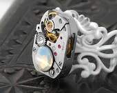 Steampunk Ring, White Opal Crystal & Vintage Watch Mechanism - Adjustable ring