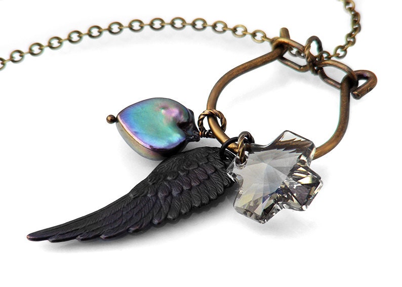 Steampunk Necklace Charm Holder - Black Pearl & Angel Wing Memory Keeper Clip - Long Chain Necklace