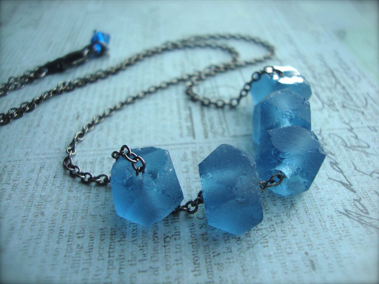 HIGH TIDE - Exotic Recycled Tumbled Glass Necklace In Ocean Water Blue with Gunmetal Chain and Swarovski Crystal Beach Glass Tribal Urban