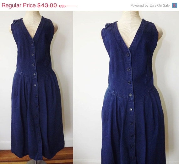 Sale Vintage 1980s Dark Denim Pinafore Dress / Denim Full Skirt Dress / Denim Jumper Sun Dress