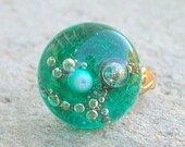 Lampwork Ring Bubbles in Peacock Teal Galaxy Artisan Handmade Jewelry for Her - CandanImrak