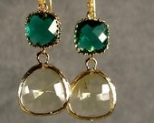 Teal and Jonquil Glass Gold Bridesmaid Earrings, Bridesmaid Jewelry, Wedding Earrings (993-3243wn)