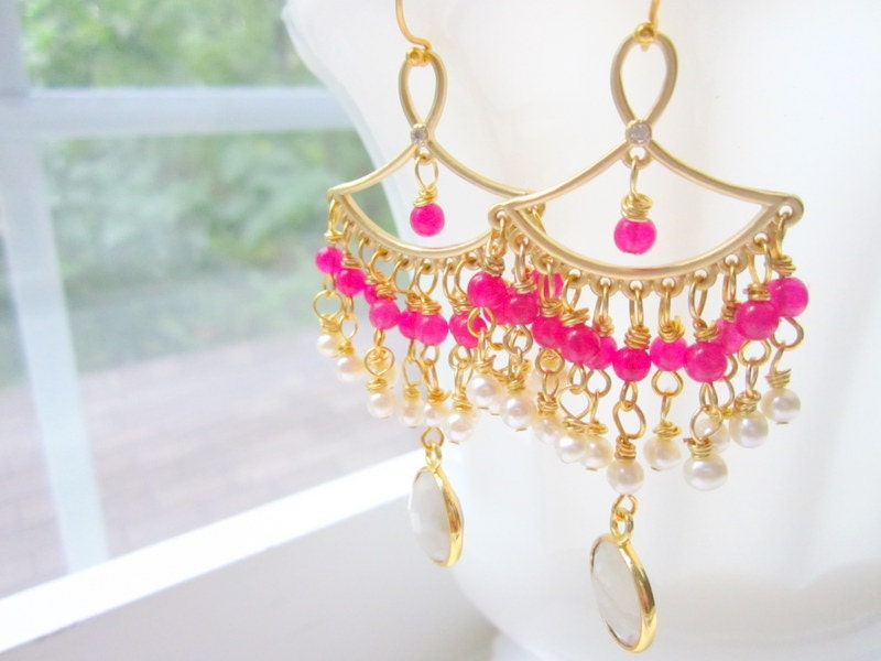 Gold Chandelier Earrings Bridal Bollywood Hot Pink Pearl Moonstones by MinouBazaar