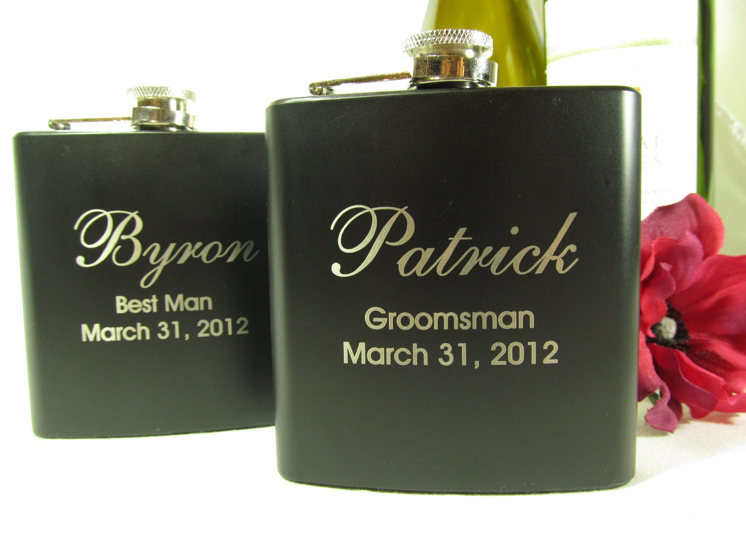 6 Personalized Flasks Groomsman Best Man Father of the Bride Engraved Wedding Gift Keepsake Favor Black Scripted Name