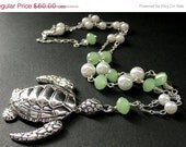 SUMMER SALE - Sea Tortoise Necklace Beaded in Pearls and Aqua Crystals. Handmade Artisan Jewelry by Gilliauna